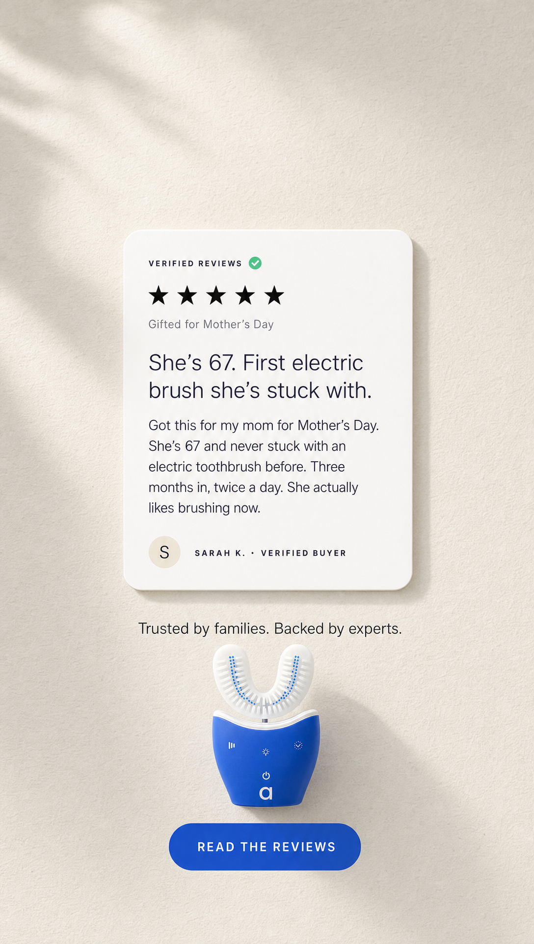 16. Testimonial · Review screenshot · Mom 67 finally stuck with one